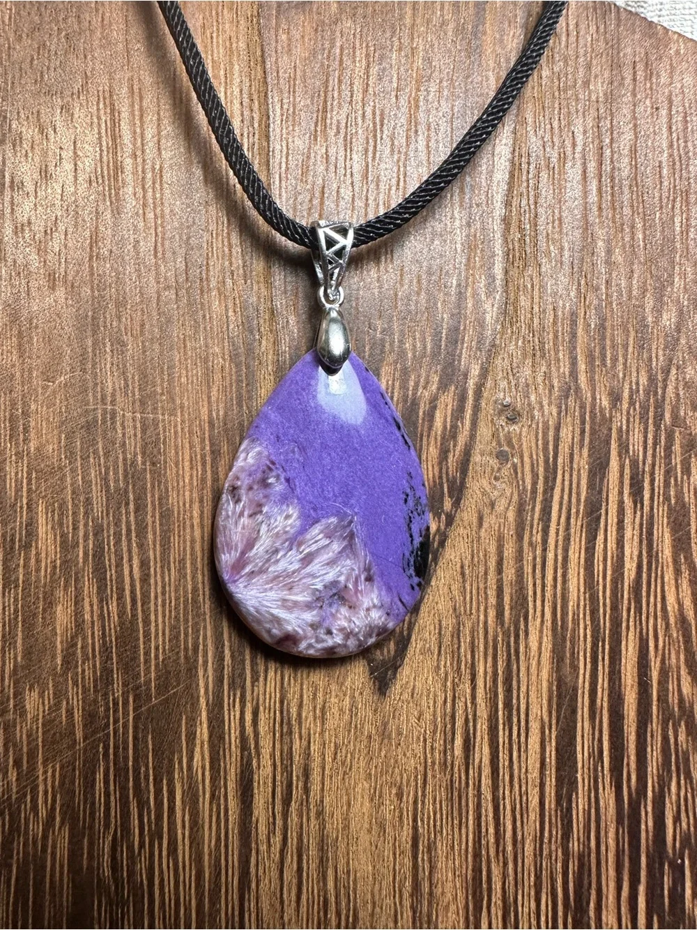 Charoite Teardrop Necklace on Sterling Silver Bail and Black Rope